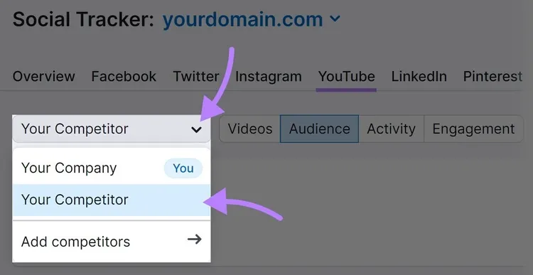 Menù a tendina "Il tuo concorrente" in Social Tracker