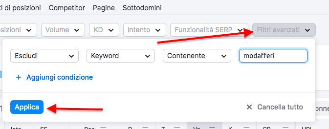 Filtri avanzati SERP escludi keyword modafferi con pulsante Applica