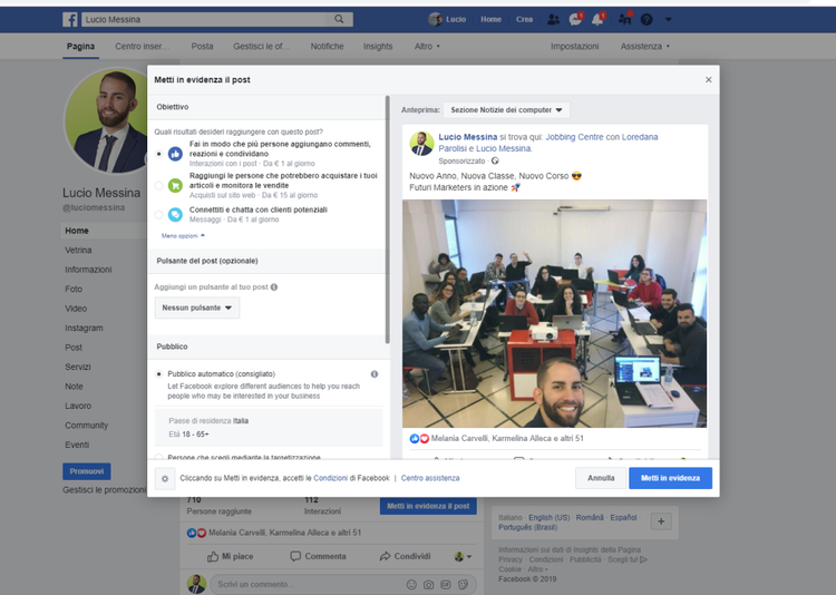 Esempio di creazione ads su facebook