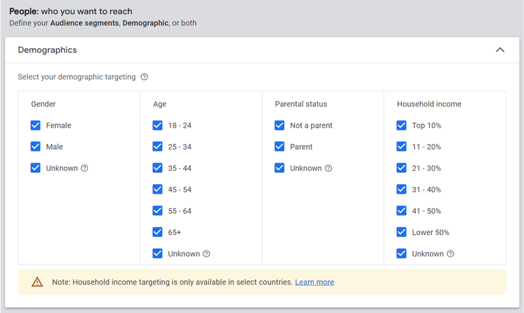 Opzioni demografiche del pubblico per la campagna Google Ads