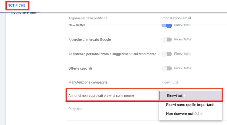 come impostare notifiche per report google ads