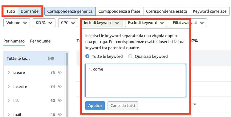 Keyword Magic Tool: filtro 'Corrispondenza generica' parola chiave 'come'