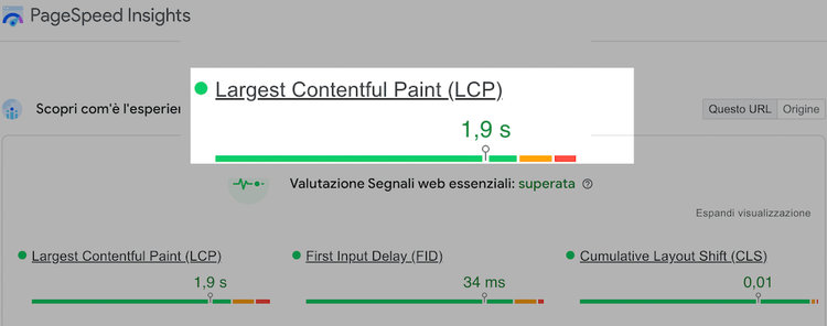PageSpeed Insights: LCP 1.9s, FID, CLS metriche Segnali