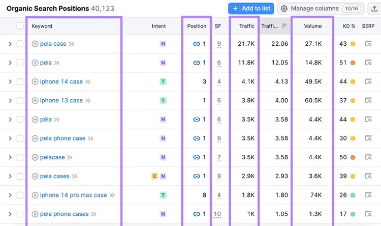 Tabella posizioni organiche con keywords, posizioni, traffic dati