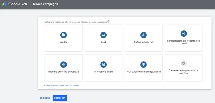 Selezione obiettivo Google Ads con 8 icone: Vendita, Lead, Traffico, Brand Awareness