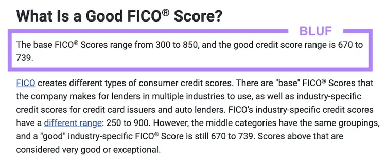 Il sottotitolo "Qual è un buon punteggio FICO?" è seguito dalla frase "I punteggi FICO di base vanno da 300 a 850, mentre il punteggio di credito buono va da 670 a 739".