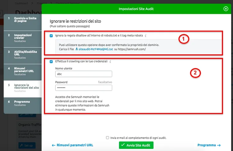 Site Audit Ignora restrizioni dialog with two bypass method options