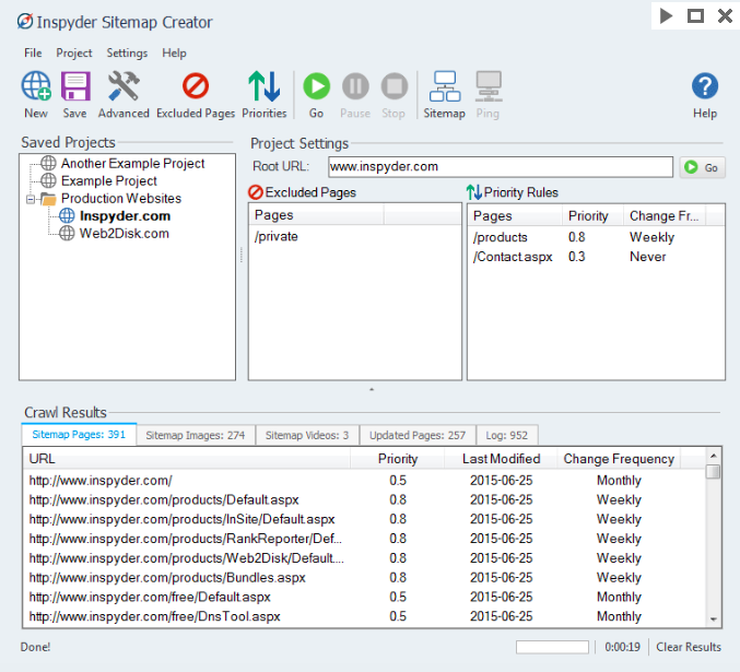 Inspyder Sitemap Creator projets URL priorités fréquence