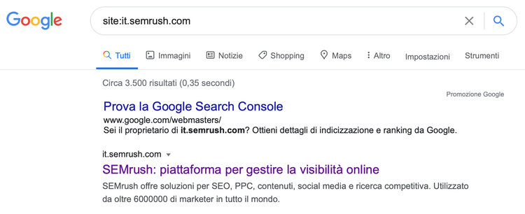 Risultati Google Search per query site:it.semrush.com con circa 3.500 risultati