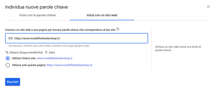 Keyword Planner dominio ricerca modafferibarbershop.it