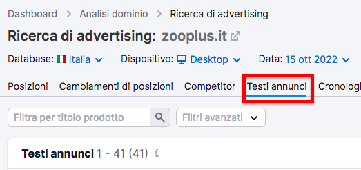 Report Ricerca advertising tab Testi annunci evidenziato rosso