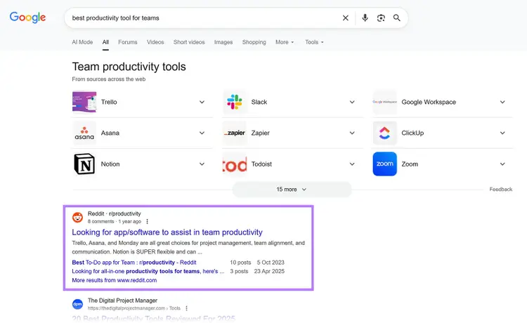Risultati della ricerca Google per il miglior strumento di produttività per i team con un risultato Reddit racchiuso in un riquadro.