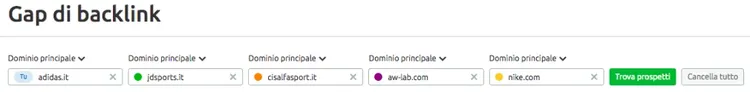 Gap backlink: 5 tab (adidas, jdsports, cisalfasport, aw-lab, nike)