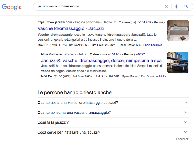 Google SERP jacuzzi vasca idromassaggio risultati Jacuzzi