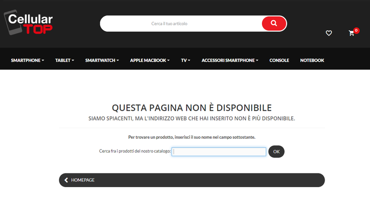 Pagina errore 404 cellulartop.it con messaggio non disponibile