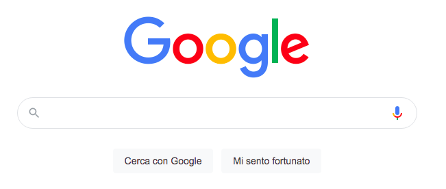 Google homepage: logo, barra ricerca, pulsanti 'Cerca' e 'Mi sento fortunato'