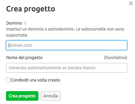 Dialogo Crea progetto di Semrush con campi per dominio e nome progetto