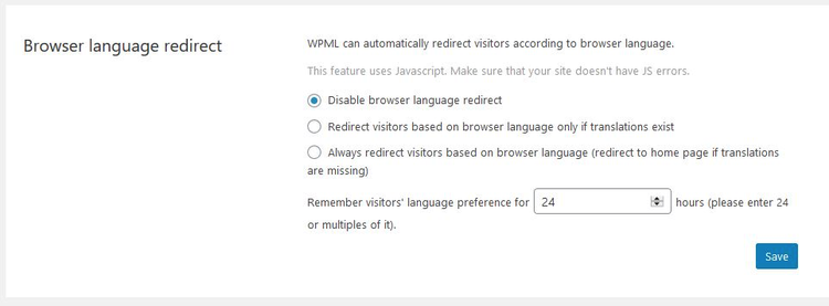 Impostazioni reindirizzamento lingua browser in WordPress con opzioni radio