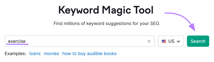 "esercizio" digitato nella barra di ricerca di Keyword Magic Tool