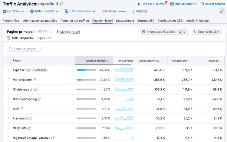 Rapporto Traffic Analytics Semrush - Pagine principali e metriche