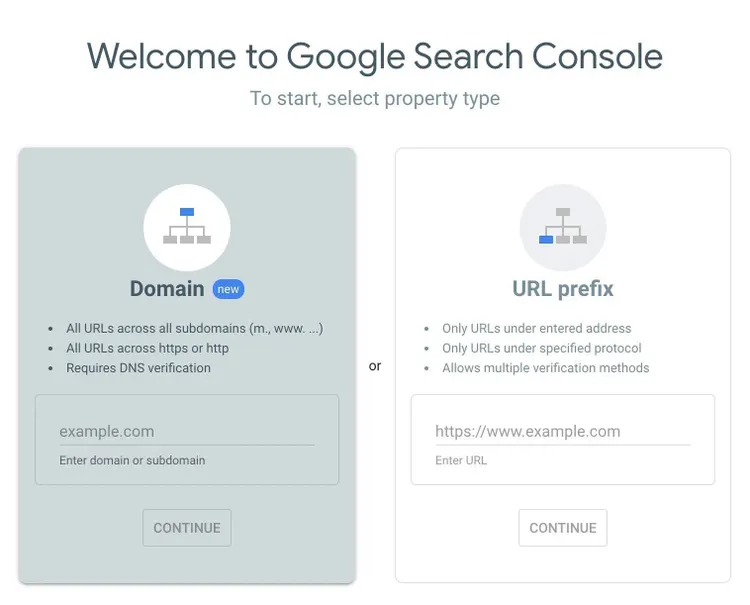 Google Search Console ウェルカム。ドメインまたはURLプレフィックス選択