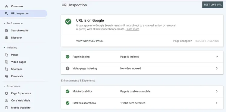 URLインスペクション。URL is Google、ページインデックス、モバイルユーザビリティ