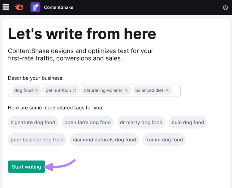 ContentShakeの検索バーに入力された「ドッグフード」や「ペット栄養」などのタグ