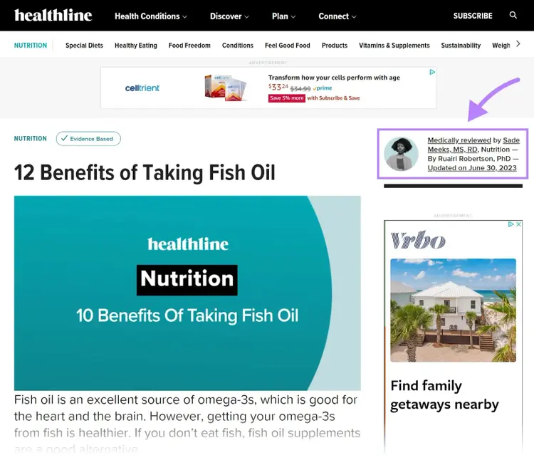 Healthlineの記事例 "医療専門家による医学的レビュー"
