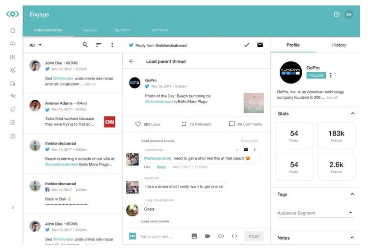 ソーシャル メディア モニタリング ツール Meltwater の「会話」タブには、さまざまなソーシャル チャネルからのメッセージとメンションが表示されます。