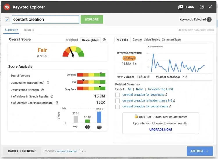 TubeBuddy Keyword Explorer showing scores and metrics