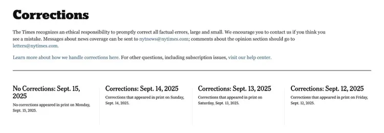 New York Times の「訂正」ページには、同サイトに掲載された記事の訂正と更新が表示されます。