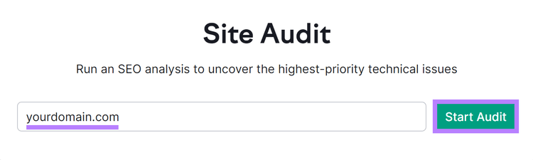 入力フィールドに「yourdomain.com」と入力され、「監査の開始」が強調表示されたサイト監査ツールの開始ページ。