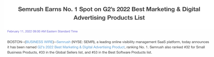 News article about Semrush G2 award for marketing products