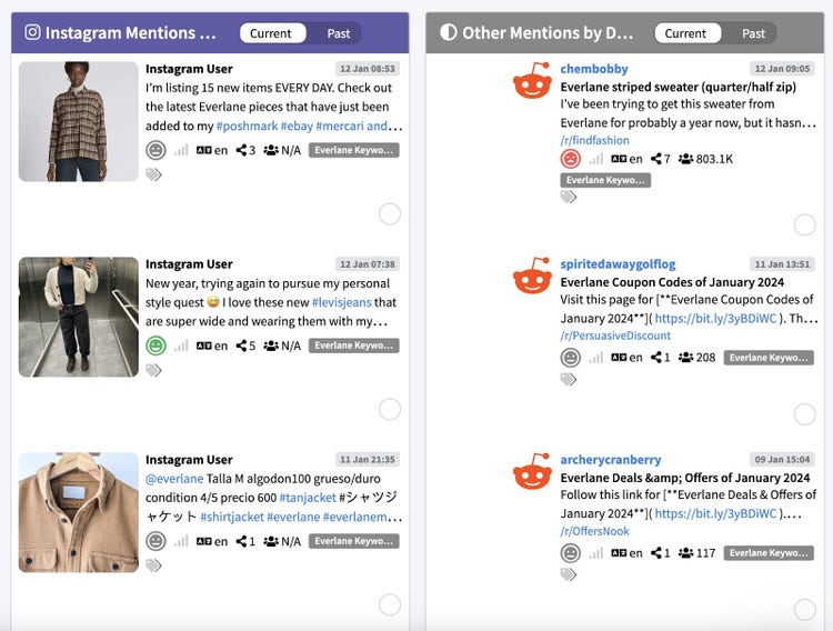 Mentionlyticsのインターフェースでは、左側にInstagramのメンション、右側に他のメンションが表示されています。