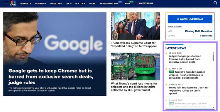 「最新ニュース」セクションが強調表示された CNBC ホームページ。