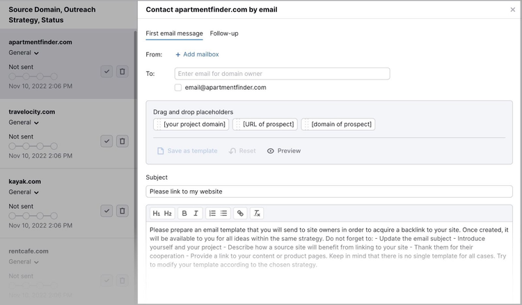 Semrush リンク構築ツールエディターで作成されたアウトリーチメール