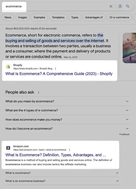 eコマース」クエリでShopifyとAmazonがハイライトされたGoogle検索結果