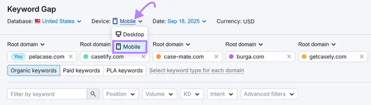 「モバイル」デバイスの選択を強調表示する矢印が付いたキーワード ギャップ ツール。