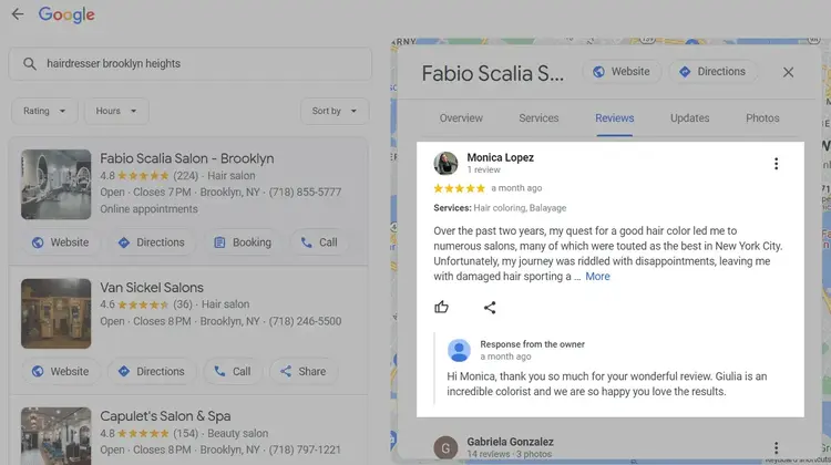 Google レビューに対するビジネスオーナーの返信が強調表示されます。