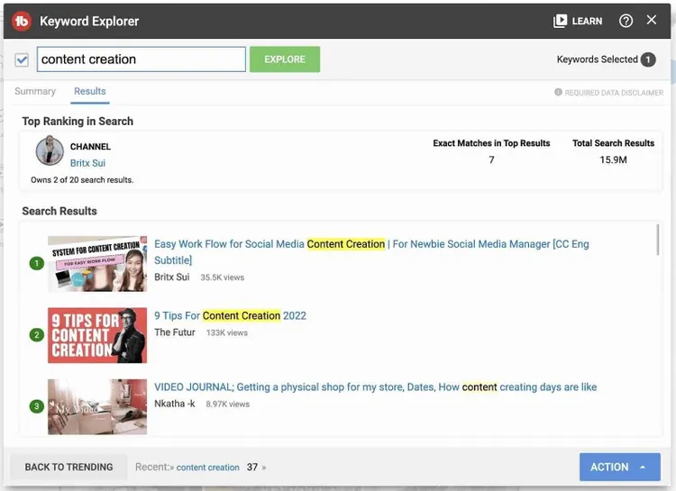 TubeBuddy Keyword Explorer search results tab