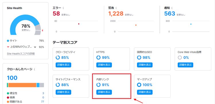 Semrush Site Audit report showing site health metrics with 78% score