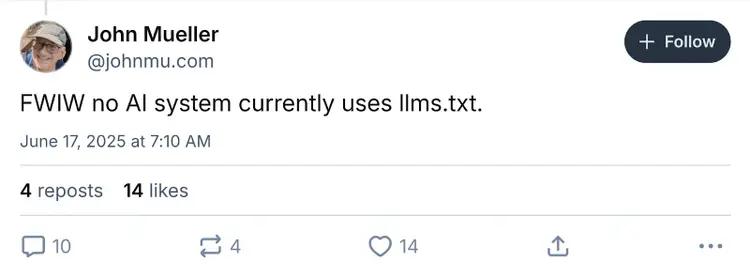 投稿には、「FWIW、現在 AI システムでは llms.txt は使用されていません。」と書かれています。
