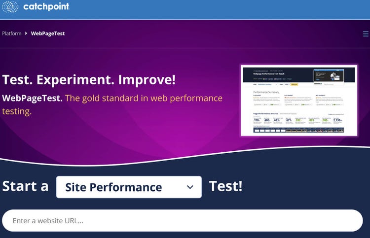 WebPageTest ホームページには、目立つ「サイト パフォーマンス テストを開始する」ボタンと、Web サイトの URL を入力するフィールドが表示されています。