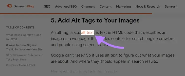 アンカーテキストに「alt text」を使用したSemrushブログのハイパーリンク