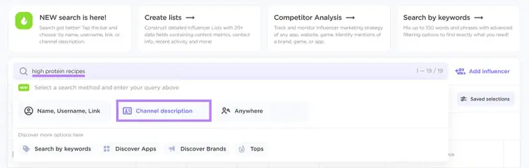 「高タンパクレシピ」と入力し、チャンネルの説明オプションを強調表示した検索バー。