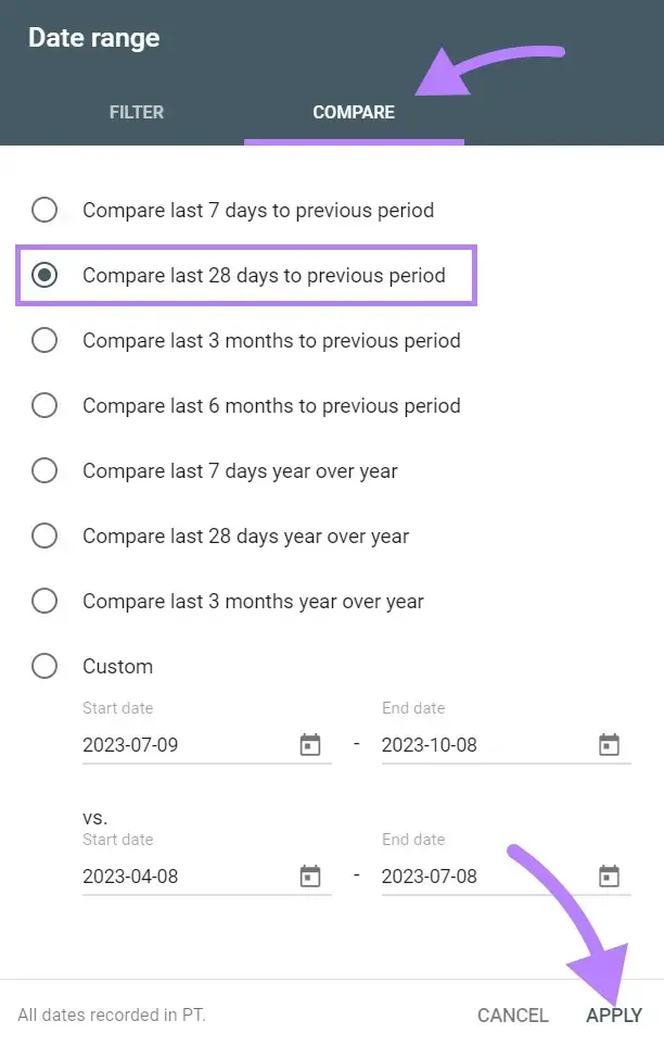 GSCの "COMPARE "ウィンドウで "Compare last 28 days to previous period "オプションが選択されている。