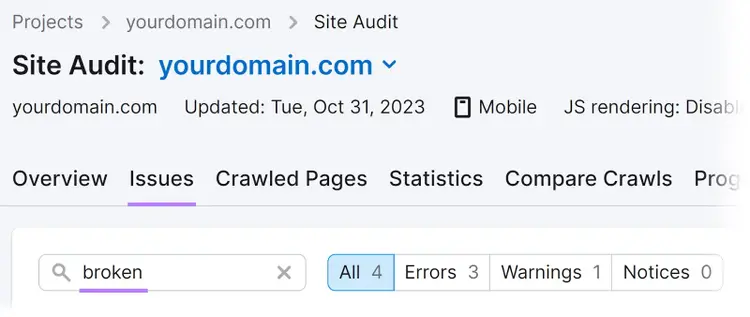サイト監査の "問題 "タブで "broken "を検索に入力