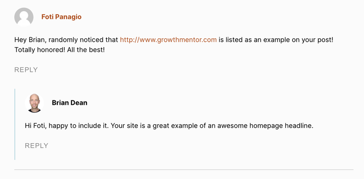 User-generated content comment thread about website listing