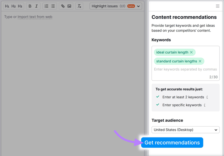 SEO Writing Assistantにキーワードを入力し、"Get recommendations "をクリックする。