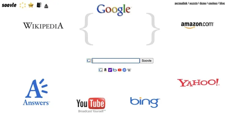 Soovle search aggregator showing multiple search engines
